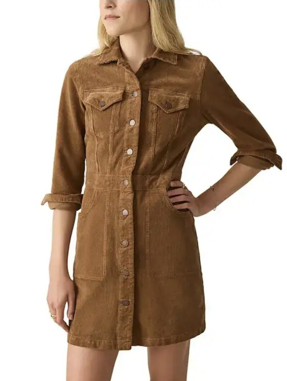 Faherty Michelle Corduroy Shirt Dress Brown Button Front